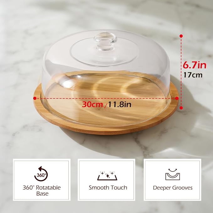 MASTERTOP Cake Stand with Dome Lid - 360° Rotation Cake Stand, 12in Round Cake Holder, 2-in-1 Dessert Table Display Set for Wedding/Birthday/Kitchen/Party