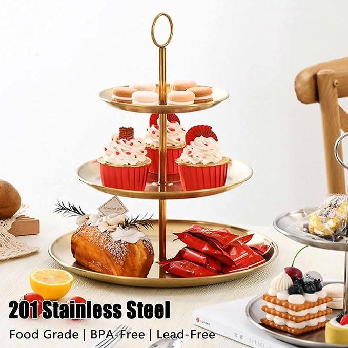 QTLCOHD 2 Pcs 3 Tier Stainless Steel Cupcake Stand | Gold Tiered Dessert Stand for Wedding & Birthday Party