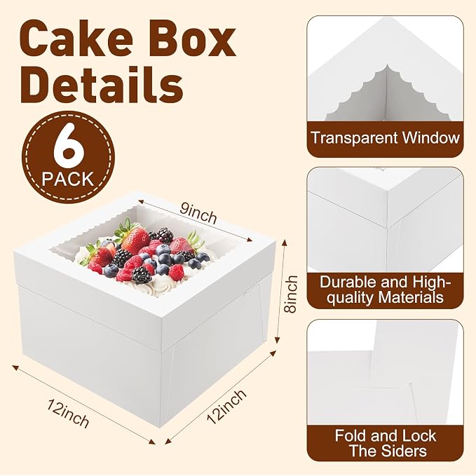 NEOACT 6 Pack Cake Boxes with Cake Boards,12x12x8 Inch White Bakery Boxes with Windown,Disposable Cakes Transport Container, Tall Cake Carrier Holder for Cakes, Pie, Cupcakes, Pastry