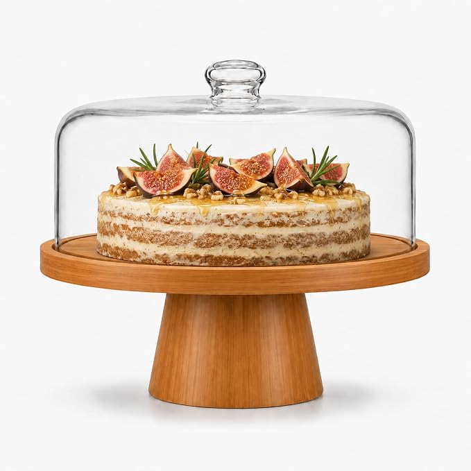 Bamboo Cake Stand with Glass Dome Lid, 12 Inch Wooden Cake Holder with Magnetic Base, Detachable Serving Tray for Cake, Cheese, Charcuterie, Snacks, Desserts, Party & Kitchen Display