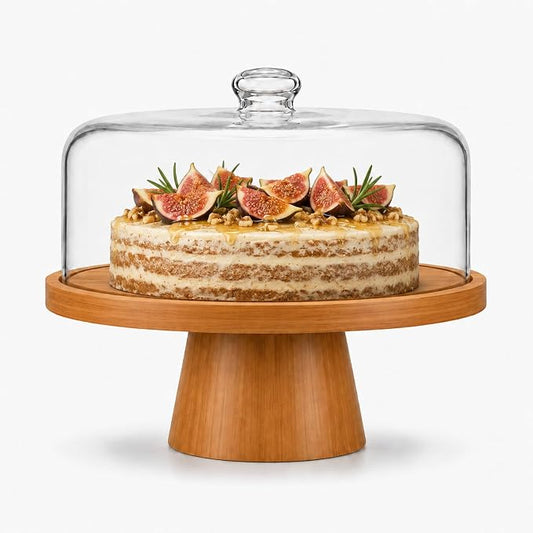 Bamboo Cake Stand with Glass Dome Lid, 12 Inch Wooden Cake Holder with Magnetic Base, Detachable Serving Tray for Cake, Cheese, Charcuterie, Snacks, Desserts, Party & Kitchen Display