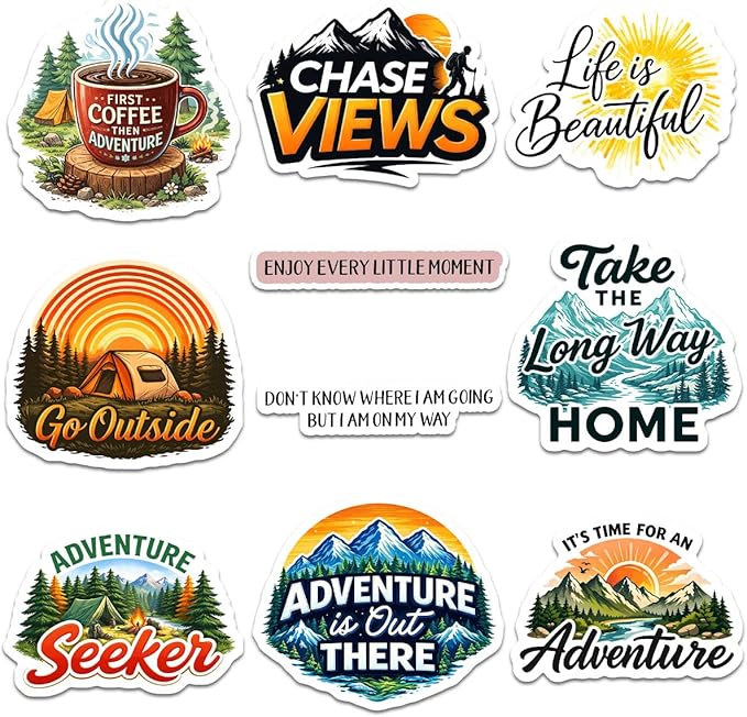 10pcs Adventure Camping Stickers Funny Outdoor Travel Nature Mountain Forest Designs, Gifts for Hikers Campers Multiple Different Design, Waterproof UV-Resistant for Water Bottle, Laptop, Window, Car
