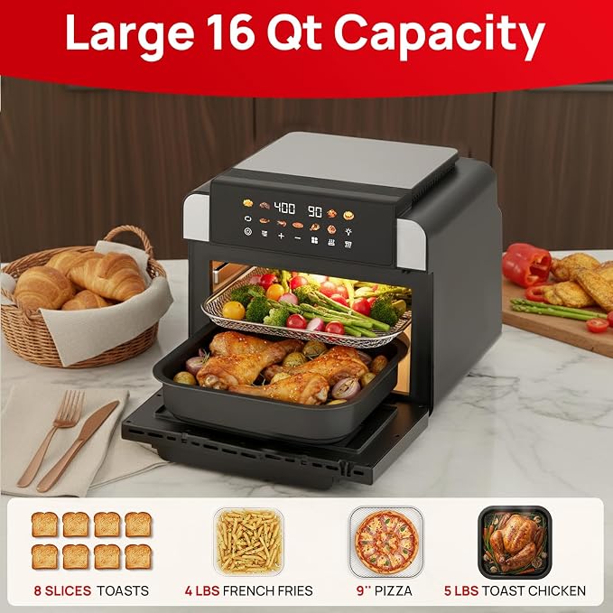 16 Qt Air Fryer Toaster Oven Combo with PFAS-Free Ceramic Coating | Viewing Window, 9 Presets, Top 1700W Bottom 1500W, Max 400°F, Nonstick Tray, Detachable Door, Black, Easy to Clean