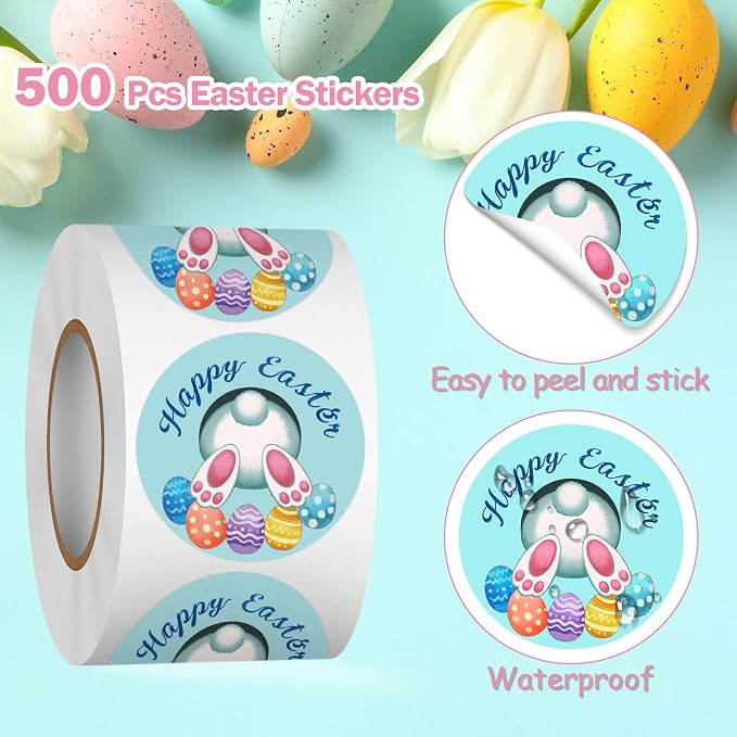 Louise Maelys 500 Pcs Easter Stickers Roll, 1.5 Inch Cute Egg Bunny Rabbit Holiday Lable, Happy Easter Adhesive Decoration Round Labels for Baking Card Gift Wrapping Envelope Craft Making
