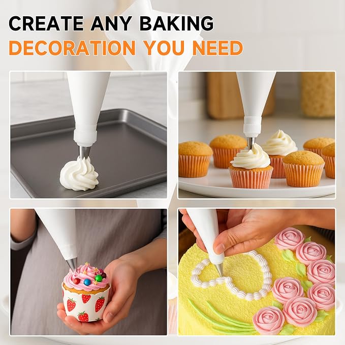 10-Piece Reusable Piping Bags and Tips Set, Cake Decorating Kit for Cakes, Cupcakes, Cookies, and Desserts, Includes 16 Inch Pastry Bags, 6 Frosting Tips, Couplers, Silicone Cable Ties, Cleaning Brush