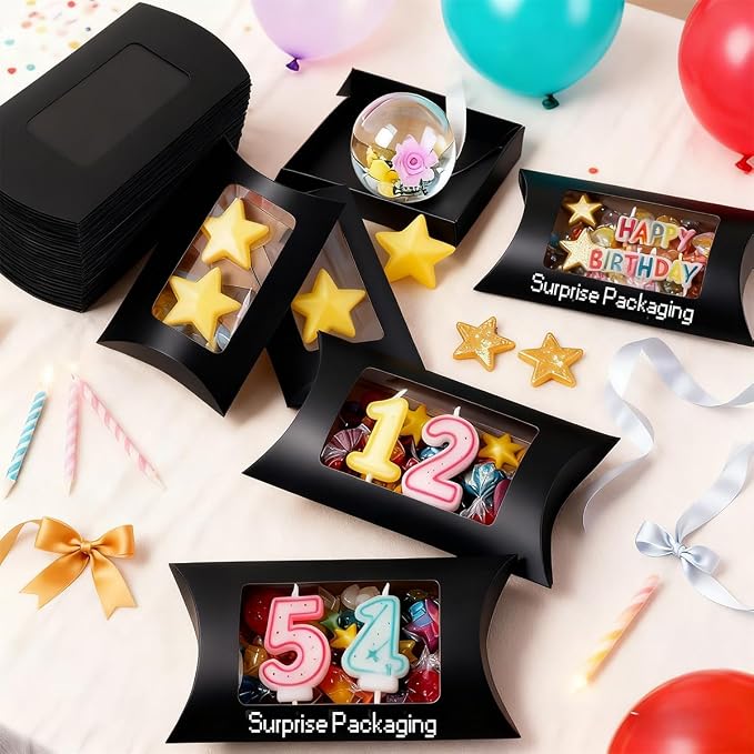 ZAJINJABD 100 Pcs Kraft Pillow Gift Boxes with Clear Windows, Sturdy Mini Folding Treat Boxes for Candy, Bakery, Chocolate, Jewelry, Wedding Party Favors