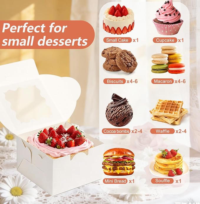 26 Pcs Cookie Boxes with Window, 4x4x2.5 Inches Small Cupcake Boxes, White Treat Boxes with 36pcs Stickers, for Cookie Dessert Pastry Donuts Strawberries Macaroon Candy Chocolate Cupcakes