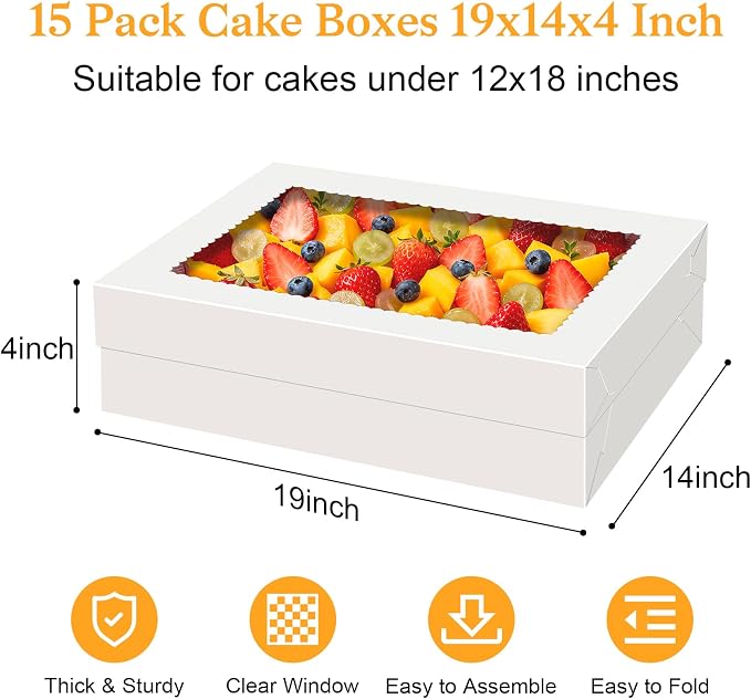 Essenya 15 PCS Sheet Cake Boxes, 19x14x4 Rectangle Cake Box, Half Sheet Cake Box, White Baking Boxes, Large Bakery Boxes, Cajas Para Pasteles, 19x14 Cake Boxes for Birthday, Wedding, Party, Business