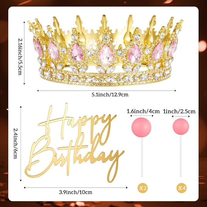 8 Pcs Pink and Gold Queen Crown Cake Topper, Happy Birthday Cake Toppers Foam Balls Rhinestone Crystal Tiara Wedding Decoration for Princess Party Photo Props for Women Princess