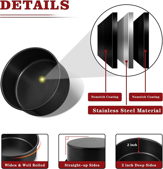 E-far 5 Inch Cake Pan Set of 3, Nonstick Stainless Steel Small Baking Pans Tins, Round Bakeware for Layer Cakes, Stainless Steel Core & Non-Toxic Coating, Straight Side & 2 Inch Deep