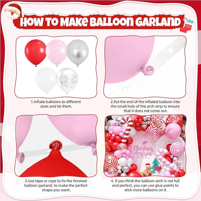 Christmas Balloon Arch Kit, 108 Pcs Xmas Snowflake Balloons, Red Pink Silver White Latex Balloons Candy Cane Foil Balloons for Xmas Baby Shower Winter Birthday Wonderland Christmas Party Decorations