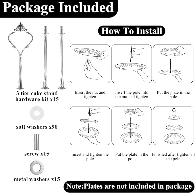 QTLCOHD 15 Sets 3 Tiered Cake Stand Hardware Kit, Zinc-Alloy Heavy Duty | 3 Tier Cake Plate Handle Fitting Hardware Rod for Dessert Serving Trays Cupcake Fruit Holder, Silver Crown