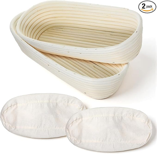 2 Pack 13 Inch Oval Bread Proofing Basket,Banneton Basket Bread Baking Bowl with Linen Liner Cloth, Perfect for Professional & Home Sourdough Breads Baking, Artisan Sourdough Breads