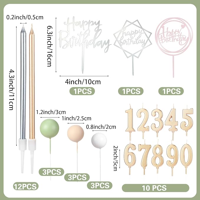 Yerliker 34 Pcs Happy Birthday Cake Toppers Decorations Birthday Candles DIY Cake Decor for Men Women Wedding Anniversary(Sage Green)