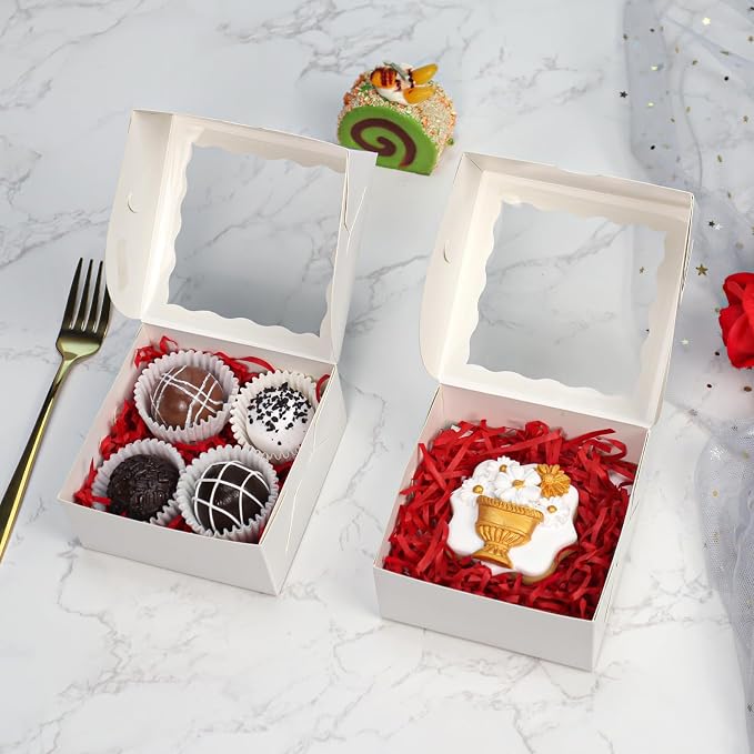 50-Count 4x4x2 Inches Food-Safe Elegant White Bakery Boxes - Multi-Use Pastry & Treat Packaging for Cookies, Truffles & Wedding Favors (Stackable Gift Boxes for Cakes, Pies & Cinnamon Rolls)