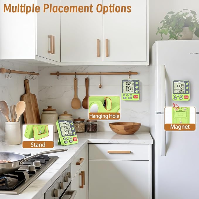 Digital Dual Triple Kitchen Timer, 3-Channel Magnetic Countdown Timer for Cooking, Large Display Stopwatch Multi Food Classroom Timer Loud Alarm for Seniors Teachers Battery Included (Green)