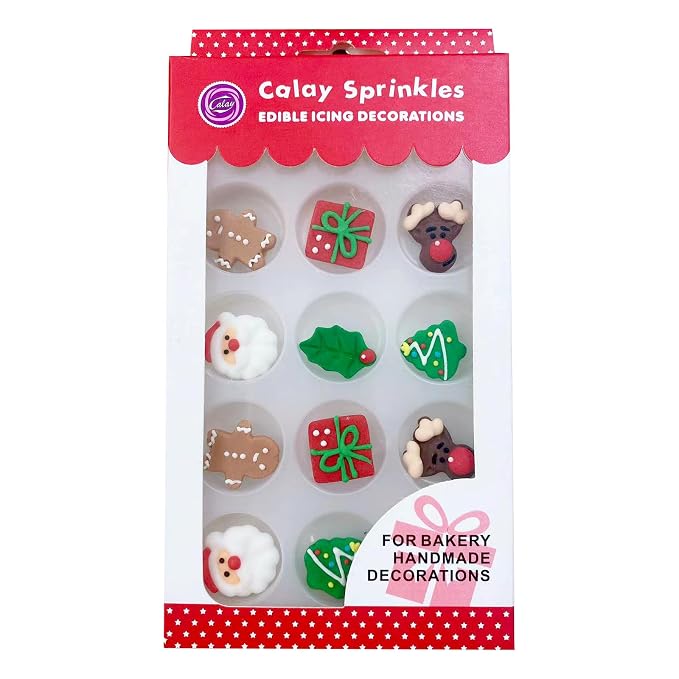 Sentovac 12 Pcs Christmas Icing Decoration Santa Claus Christmas Tree Christmas Leaf Gingerbread Man Deer head Gifts Mix Candy Dessert Edible For Cookie Cake Cupcake Topper Icing Decoration Supplies
