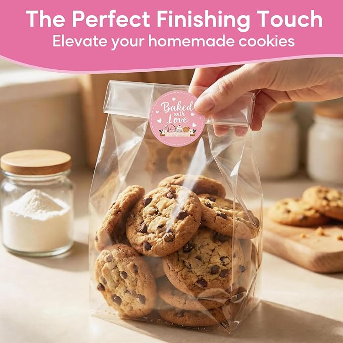 Baked with Love Stickers 120PCS 1.6 Inch Round Baking Labels for Cookies Cupcakes Dessert Table Treat Bags Gift Wrapping Birthday Party Candy Bags Homemade Packaging Small Business (Pink)