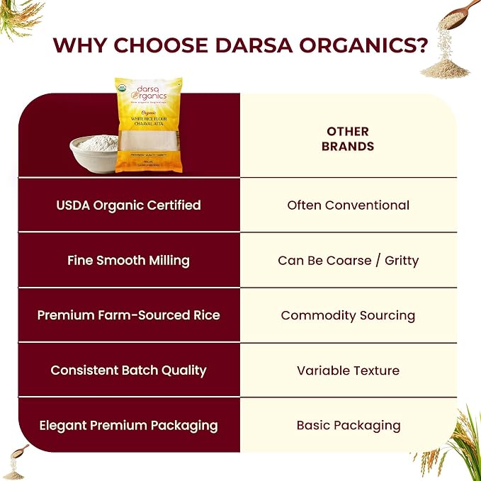 Darsa Organics White Rice Flour - Premium Organic, USDA Certified, Non-GMO, Gluten-Free Rice Flour Powder for Baking & Cooking, Chemical-Free, Long Shelf Life, Food Grade Pouch - 2 lb (908g)