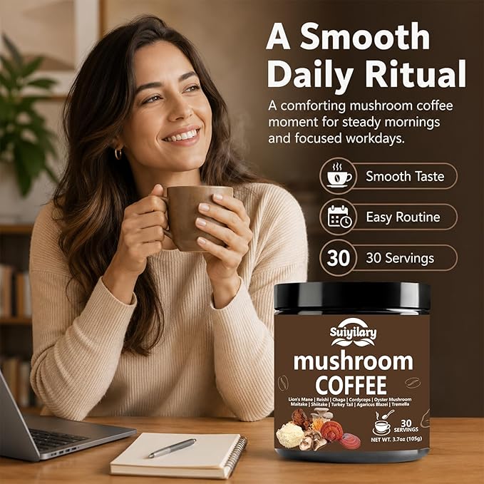 Suiyilary 10 Mushroom Coffee with Arabica w, Lion's Mane, Reishi, Mushroom Polysaccharides & More, Instant Mushrooms Powder for Focus, Immunity Boost, Memory & Clarity - 30 Servings