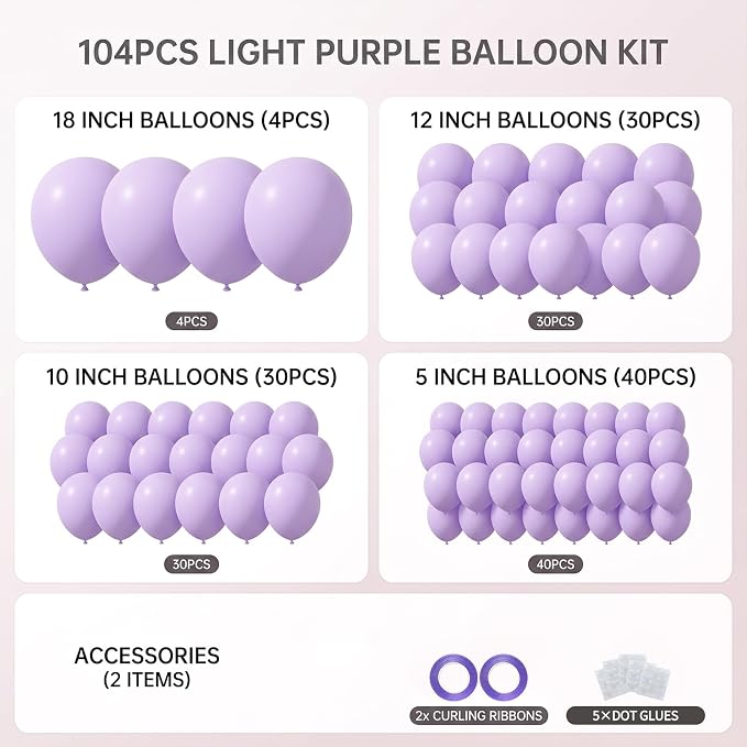104pcs Pastel Purple Balloons Garland Arch Kit, 18 12 10 5 Inch Macaron Light Lavender Lilac Latex Balloons for Baby Bridal Shower Wedding Birthday Butterfly Party Decorations