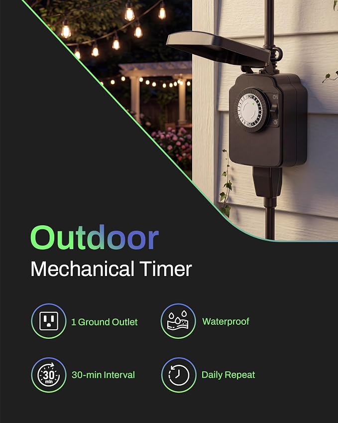 BN-LINK 24 Hour Heavy Duty Mechanical Timer, Outdoor Timer Outlet Waterproof with 30 Minutes Intervals, 1 Grounded Outlets for Christmas Lights Pool Pump,15A 1/2HP, ETL Listed