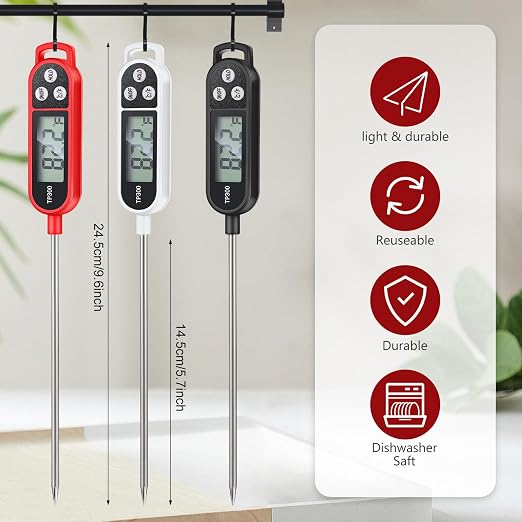 Copkim Instant Read Meat Thermometer with Long Probe 9.65 Inch Kitchen Cooking Food Candy Waterproof Digital Thermometer for BBQ Water Milk Yogurt Liquid (Square Ring,Black, White, Red,24 Pcs)