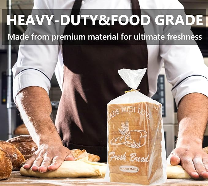 Bread Loaf Packing Bags with Ties, Large Bakery Bread Plastic Bags, 8' x 4' x 18', 100 Pack, Reusable Adjustable