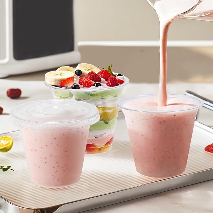 BYSNOW 100 Pack 9 oz Clear Plastic Cups With Flat Lids No Hole, Disposable Dessert Cups with Lids for Ice Cream, Pudding, Fruit, Cold Drinks, Cake, Snacks, Yogurt Parfait