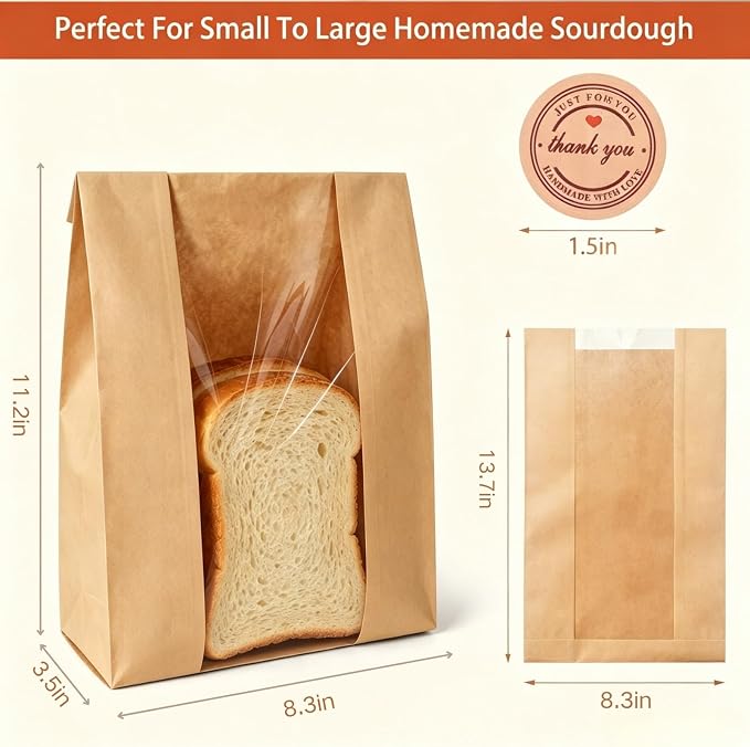 60 Pcs Bread Bags for Homemade Bread, Sourdough Bread Bags With Clear Window, 13.7x8.2x3.7in Large Thicker Bakery Bags Used for Storage Loaves Cookies Candy Snacks, 70 Cute Sealing Stickers