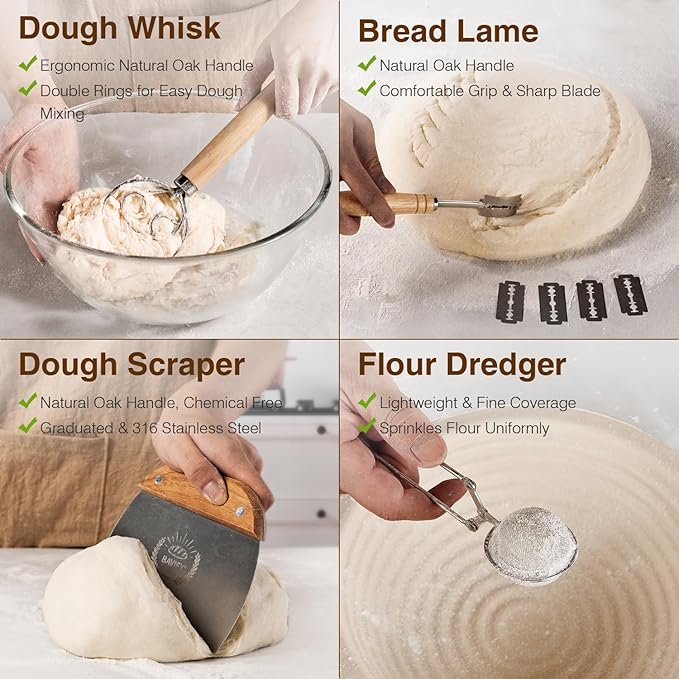 BAVIFY Sourdough Starter Kit, Banneton Bread Proofing Baskets Set, Sourdough Bread Baking Supplies Making Tools with Dough Scraper, Whisk, Bread Lame, Recipe, Wood Pulp Banneton - 2 Round Gift Set
