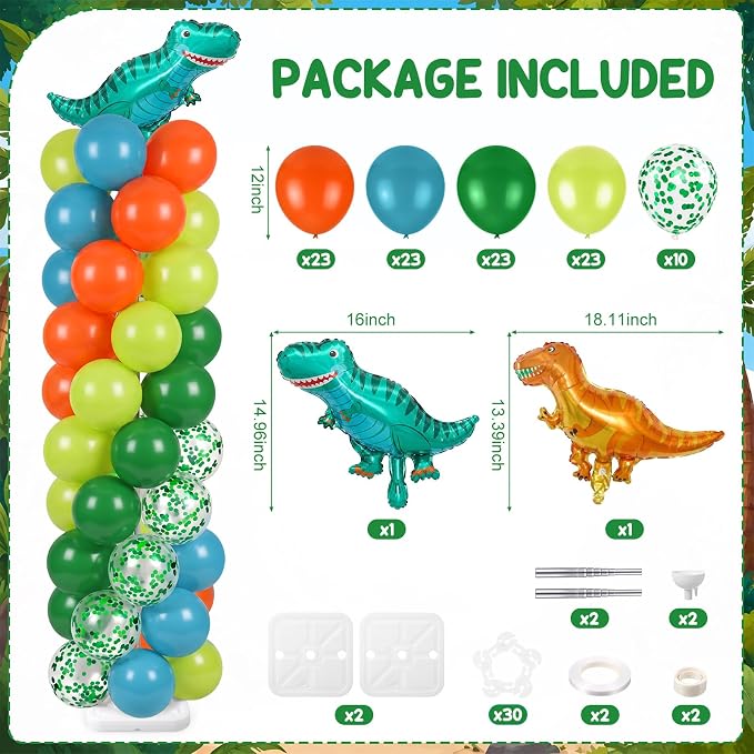 Skylety 2 Sets Dinosaur Balloon Column Stand Kit Adjustable Dino Green Orange Blue Balloon Tower Stand with Bases for Jungle Dino Birthday Wedding Graduation Party Baby Shower Decorations Supplies