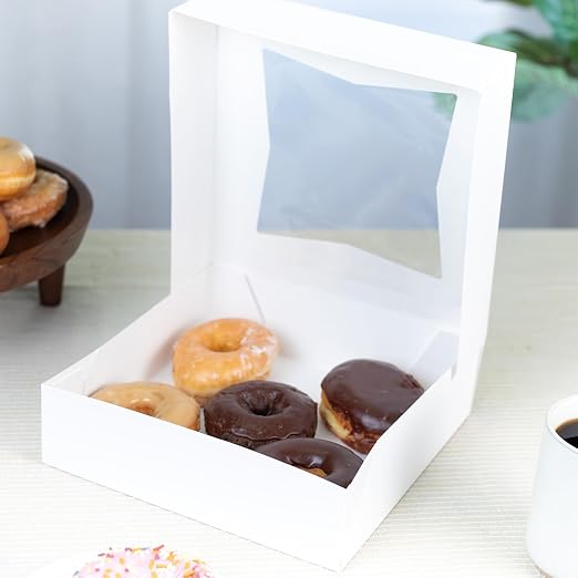 SCT White Window Bakery Box (200 Pack) 9x9x2.5, Auto Pop-up Bakery Carrier for Pies, Donuts, Pastries, White with Clear Lid, 24133