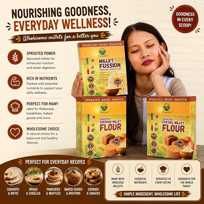 Danodia Foods Organic Foxtail Millet Flour 950g/2 lb | Gluten Free, Sprouted, Roasted & Ground Millet Flour | For Flatbread, Cookies, Pancakes, Baking & Indian Cooking | Low GI