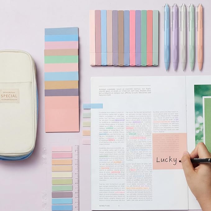 Jutom 39 Pcs Aesthetic Book Annotation Kit Highlighter with Case Bag Gel Pen Transparent Sticky Note Taking Bible Supplies(Light Blue,Cute Style)