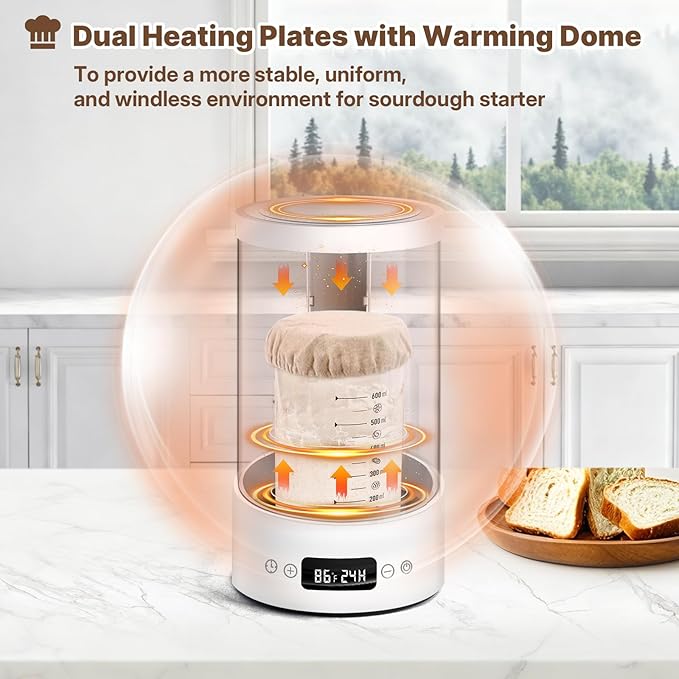 Sourdough Starter Warmer Home Incubator - Upgraded Sour Dough Warmer Box with Double Heating Plates and Warming Dome, 70-100°F Precise 1°F Thermostat, 24H Timer Fermentation Sourdough Heater Mat Tool