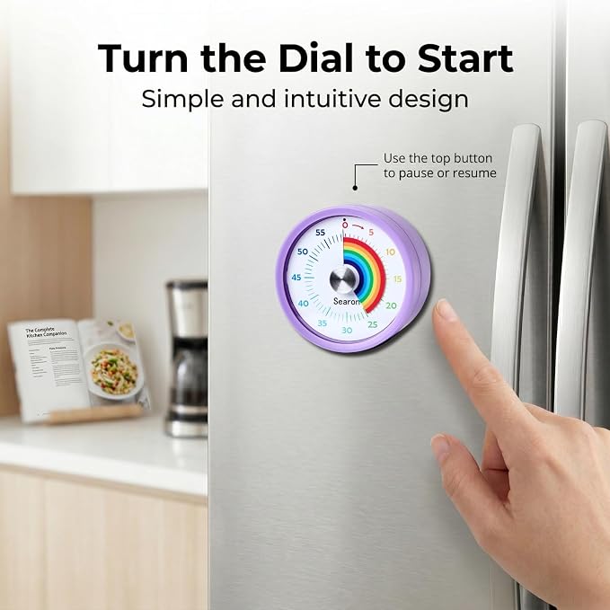 Searon Magnetic Visual Timer for Kids — 3.15" 60-Minute Rainbow Dial Timer for Homework, Study & Morning Routines, Silent LED Mode, Pause Function for ADHD, Kitchen, Cooking & Baking (Purple)