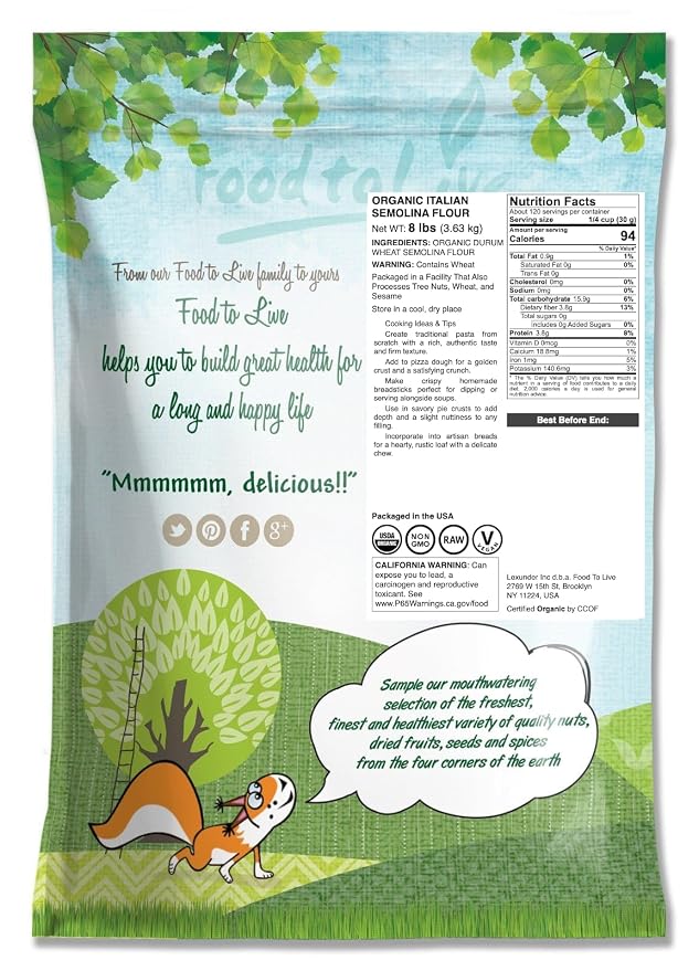 Food to Live Organic Italian Semolina Flour, 8 Pounds - Premium Durum Wheat, Perfect for Pasta and Pizza Dough, Ideal for Authentic Italian Recipes.