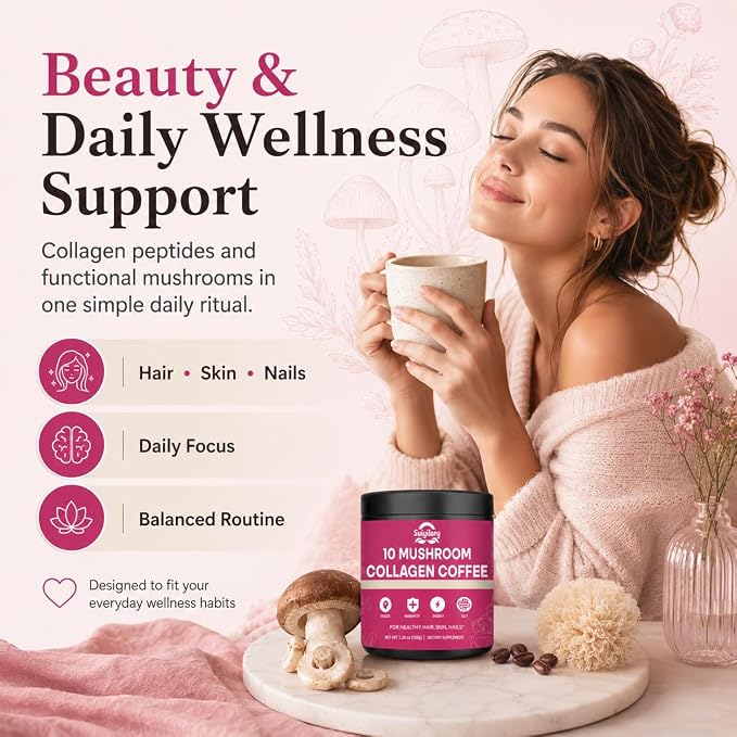 Suiyilary Mushroom Coffee with Collagen, 10 Mushroom Extract Powder Blend Lion's Mane, Brain Supplements with Instant Coffee for Energy, Focus, Skin and Immunity 150g 30 Serving