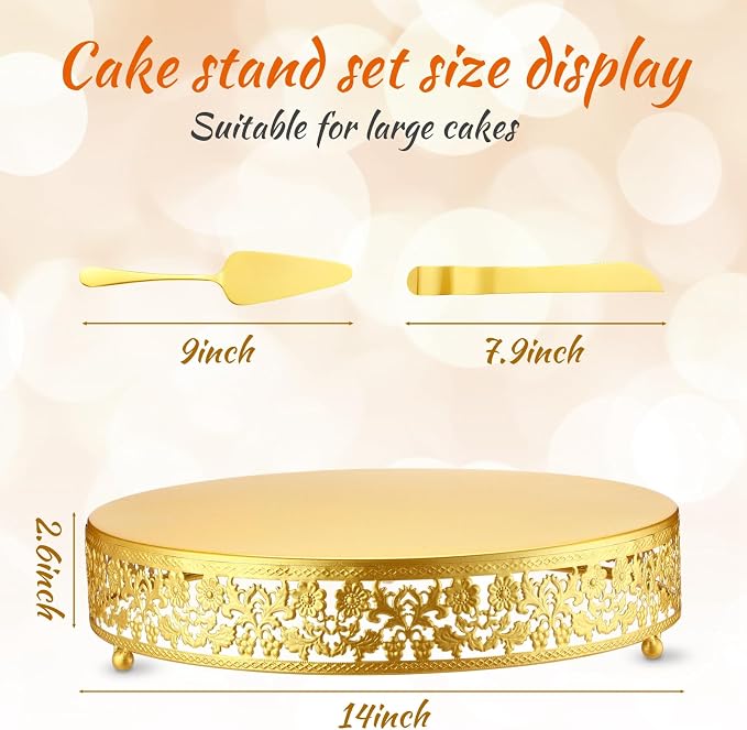 Wenqik 14 Inch Gold Cake Stand Set Metal Round Cupcake Dessert Stand with Cake Cutting, Flower Spatula Wedding Cupcake Pastry Display Candy Holder Display for Wedding Party Birthday Baby Shower