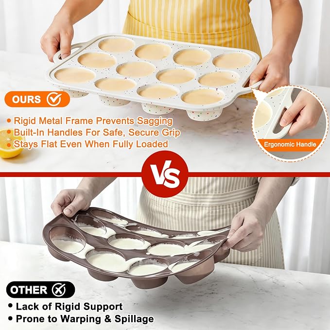 2 Pack Silicone Muffin Pans with Metal Reinforced Frame Regular 12 Cups Cupcake Pan with Handle Nonstick BPA Free Muffin Molds for Baking Muffins, Cupcakes, Egg Bites, Oven Dishwasher Safe