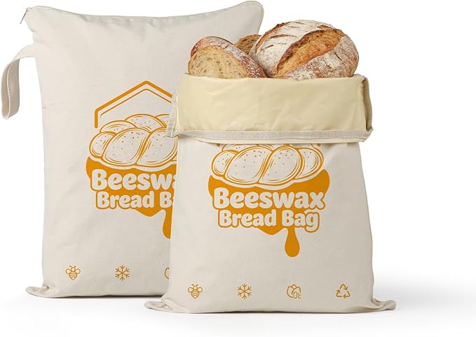 Beeswax Bread Bag Set of 2, 12.6"x17" Sourdough Bread Storage, Reusable Linen Bags with Wide Zipper Freezer Safe for Homemade Artisan Loaves