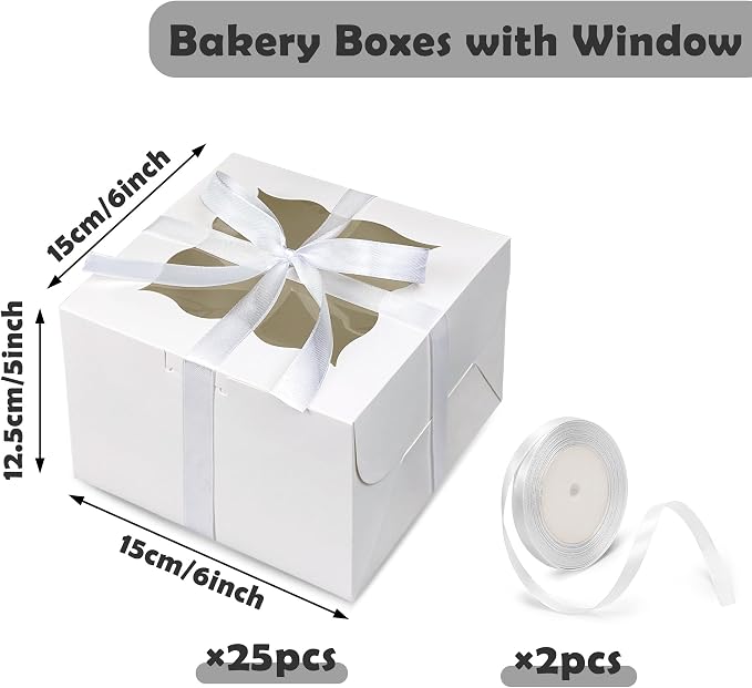 KEEPARTY 25PCS 6x6x5 Inches White Bakery Boxes with Window Bulk Cardboard Pastry Boxes for Cookies Macaroons Pies Gifts and Birthday Party Elegant White Design Pastry Boxes