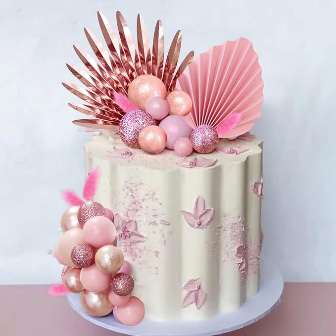 38 PCS Balls Cake Toppers Palm Leaves Cake Decorations for Birthday Wedding Baby Shower Party Supplies (Rose Gold)