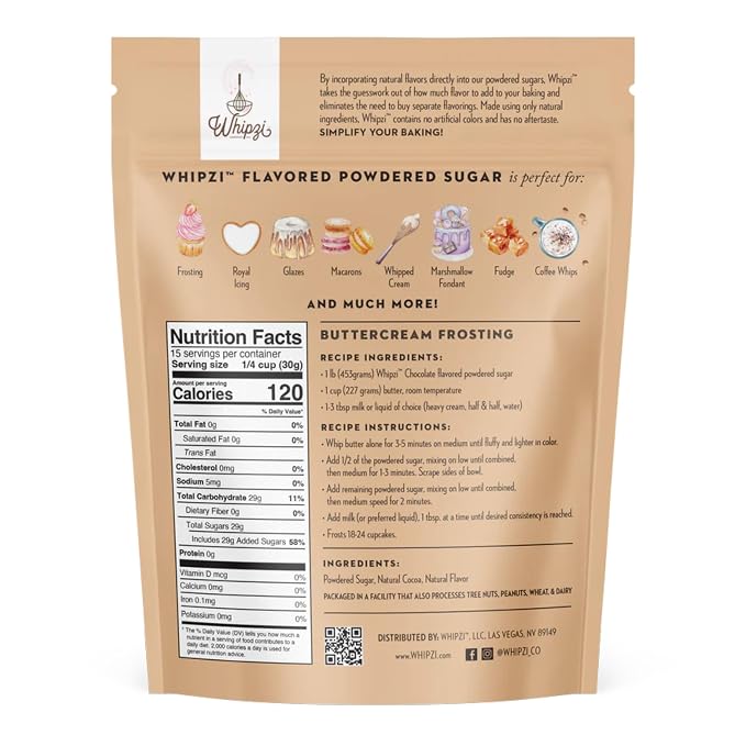 Whipzi Chocolate Flavored Powdered Sugar - Confectioners Sugar for Baking, Frosting, Royal Icing, Glazes, Coffee & Desserts - 1:1 Powdered Sugar Replacement - Gluten Free, Vegan Baking Sugar - 3 Pack