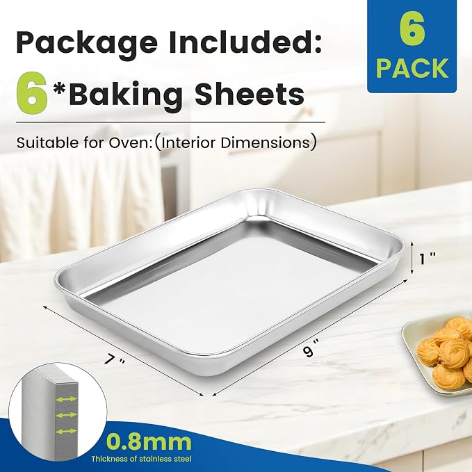 BIEAMA 6 Pack Stainless Steel Toaster Oven Baking Sheets, 9 x 7 in | Stainless steel pans with no chemical coating, mirror-polished finish and rolled edges; dishwasher safe, oven safe to 500°F.