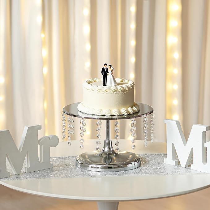 2 Pcs Silver Metal Mirror Cake Stand Set with Crystal Pendants - 11.8"W Elegant Dessert Table Display for Weddings, Birthday Parties, Baby Showers, Events - Sturdy Crystal Bling Cupcake Stands for Pastries, Sweets, Decorations
