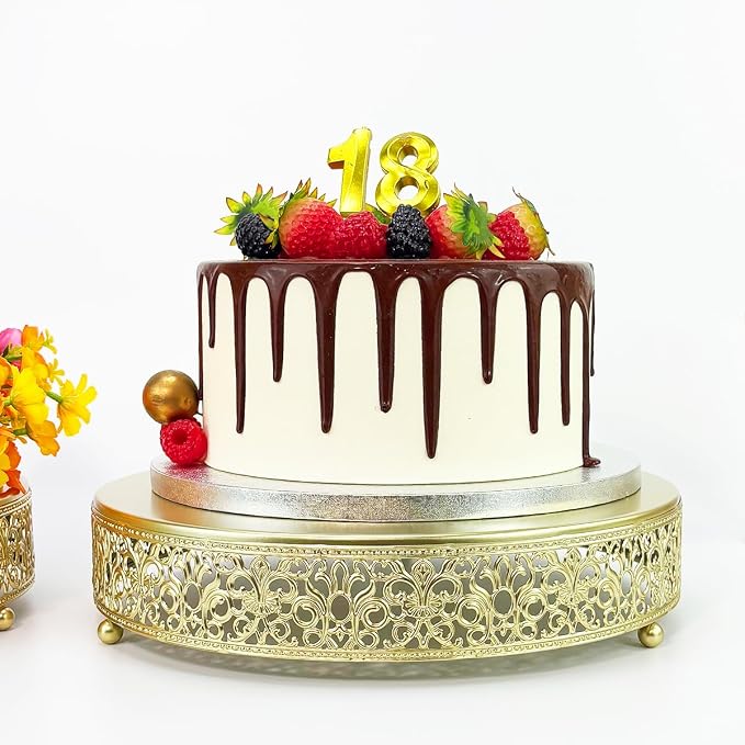 12 Inch Luxury Light Gold Cake Stand, Round Metal Dessert Display with Ornate Filigree Lace, Dual-Coated Premium Finish for Wedding, Anniversary & Elegant Home Decor