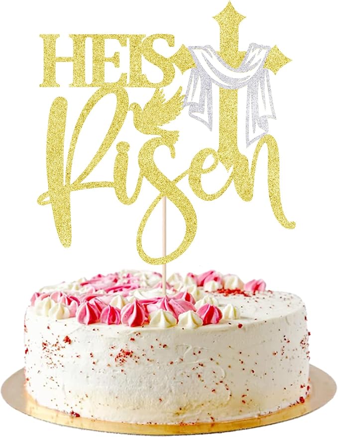 Gold Glitter He is Risen Cake Topper,First Holy Communion Baptism Cake/God Bless Cake Decorations/Jesus Happy Easter Theme Party Cake Decorations