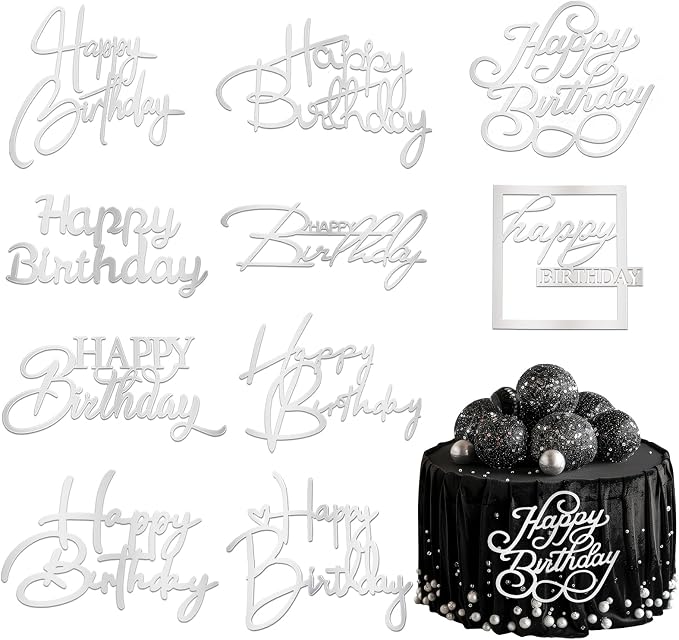 Wootkey 10 PCS Silver Happy Birthday Cake Topper Mirror Acrylic Cupcake Toppers Double-Sided Happy Birthday Sign for Cake Side Cupcake DIY Birthday Gift Flower Bouquet Decor